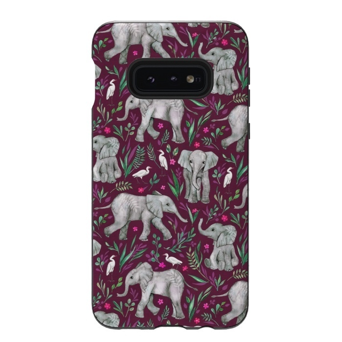 Galaxy S10e StrongFit Little Watercolor Elephants and Egrets on Burgundy Red by Micklyn Le Feuvre