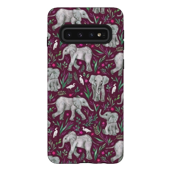 Galaxy S10 StrongFit Little Watercolor Elephants and Egrets on Burgundy Red by Micklyn Le Feuvre