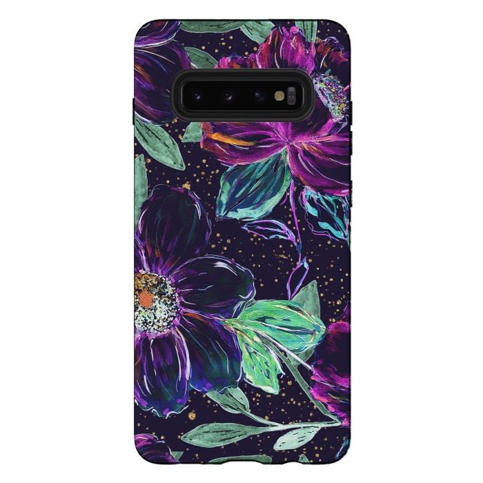 Galaxy S10 plus StrongFit Whimsical hand paint floral and golden confetti design by InovArts
