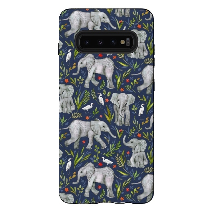 Galaxy S10 plus StrongFit Little Watercolor Elephants and Egrets on Navy Blue by Micklyn Le Feuvre