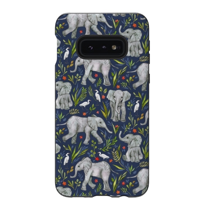 Galaxy S10e StrongFit Little Watercolor Elephants and Egrets on Navy Blue by Micklyn Le Feuvre