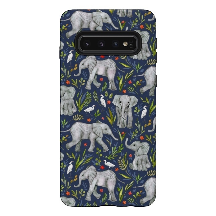 Galaxy S10 StrongFit Little Watercolor Elephants and Egrets on Navy Blue by Micklyn Le Feuvre