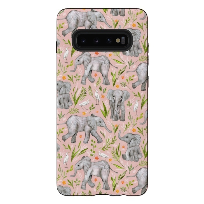 Galaxy S10 plus StrongFit Little Watercolor Elephants and Egrets on Blush Pink  by Micklyn Le Feuvre