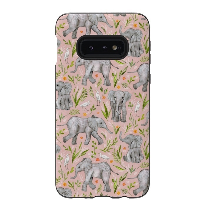 Galaxy S10e StrongFit Little Watercolor Elephants and Egrets on Blush Pink  by Micklyn Le Feuvre