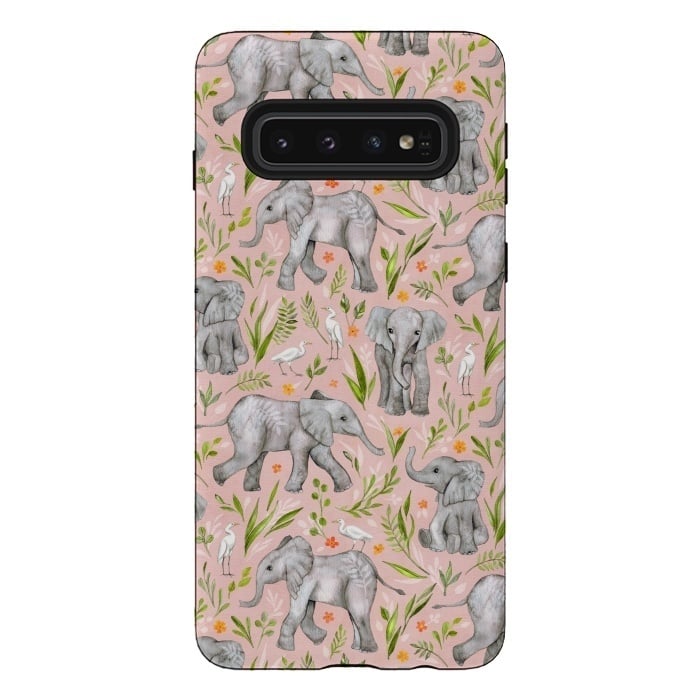 Galaxy S10 StrongFit Little Watercolor Elephants and Egrets on Blush Pink  by Micklyn Le Feuvre