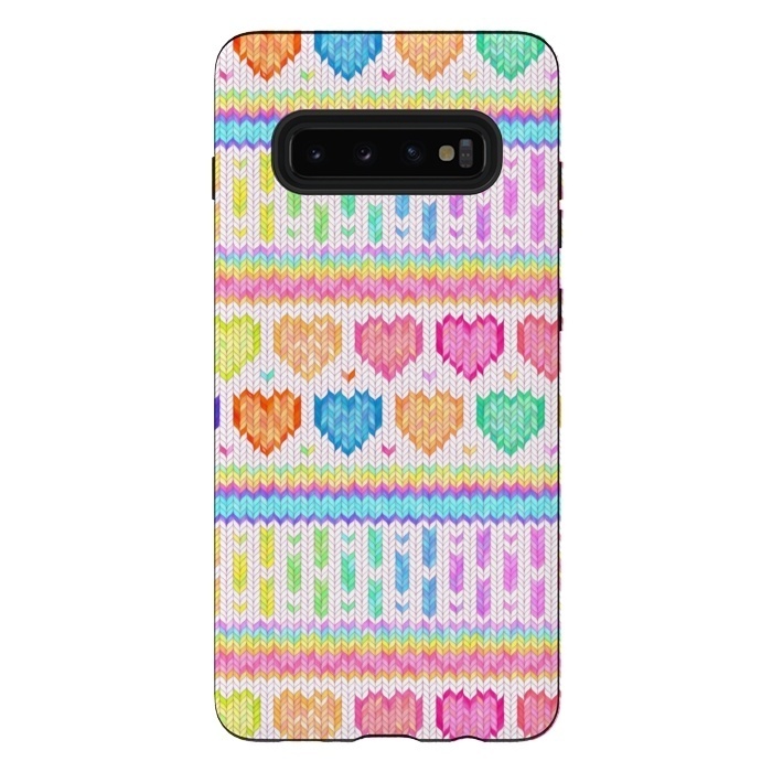 Galaxy S10 plus StrongFit Cozy Knit with Rainbow Hearts on Off White by Micklyn Le Feuvre