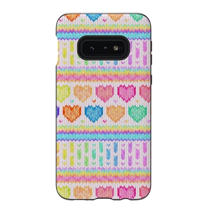 Galaxy S10e StrongFit Cozy Knit with Rainbow Hearts on Off White by Micklyn Le Feuvre