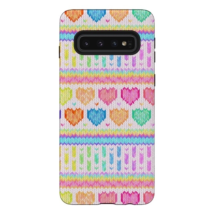 Galaxy S10 StrongFit Cozy Knit with Rainbow Hearts on Off White by Micklyn Le Feuvre