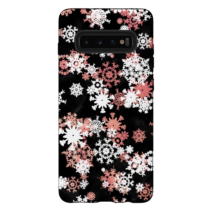 Galaxy S10 plus StrongFit Rose gold and white snowflakes on black background by Oana 