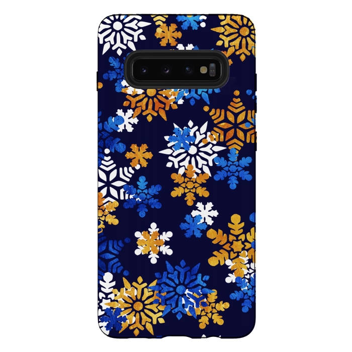 Galaxy S10 plus StrongFit Blue, gold, white snowflakes by Oana 
