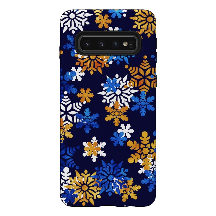 Galaxy S10 StrongFit Blue, gold, white snowflakes by Oana 