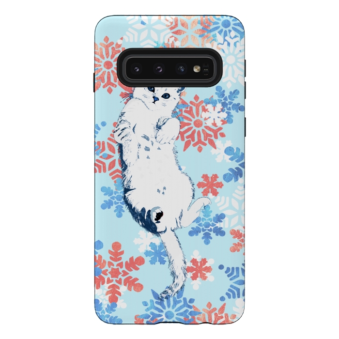 Galaxy S10 StrongFit White cat and blue white gold snowflakes by Oana 