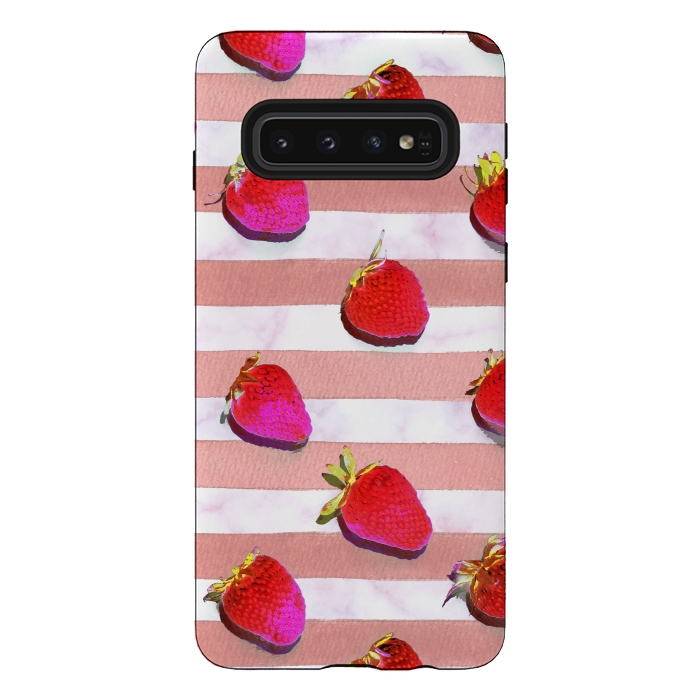 Galaxy S10 StrongFit strawberries on watercolor painted stripes by Oana 