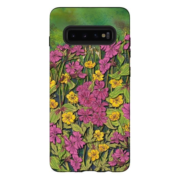 Galaxy S10 plus StrongFit Pink and Yellow Wildflowers by Lotti Brown