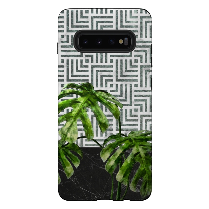 Galaxy S10 plus StrongFit  Monstera Leaves on Black Marble and Tiles by amini54