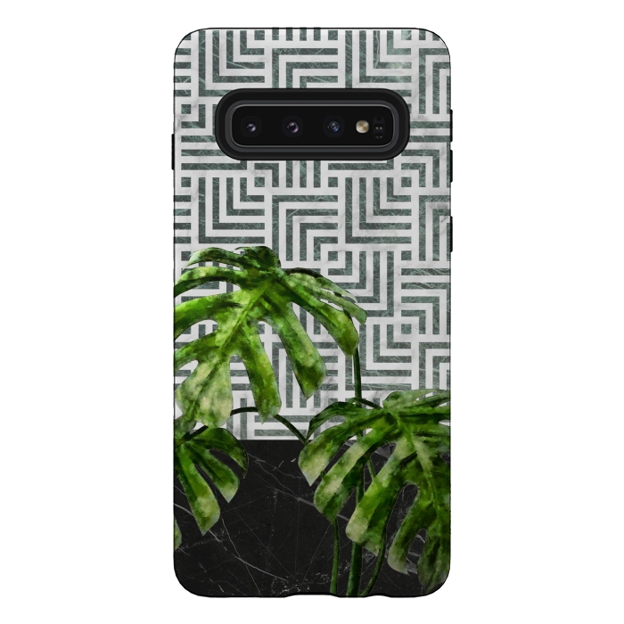 Galaxy S10 StrongFit  Monstera Leaves on Black Marble and Tiles by amini54
