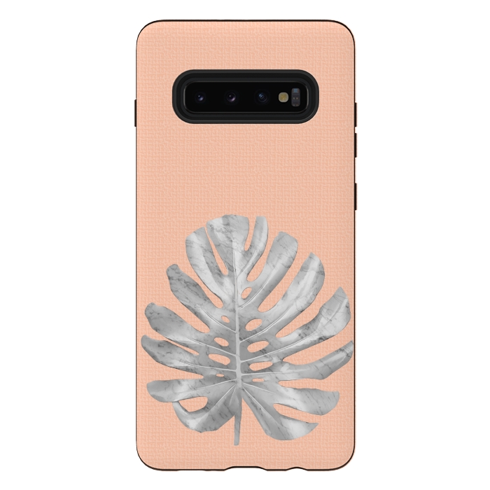 Galaxy S10 plus StrongFit White Marble Monstera on Peach Wall by amini54