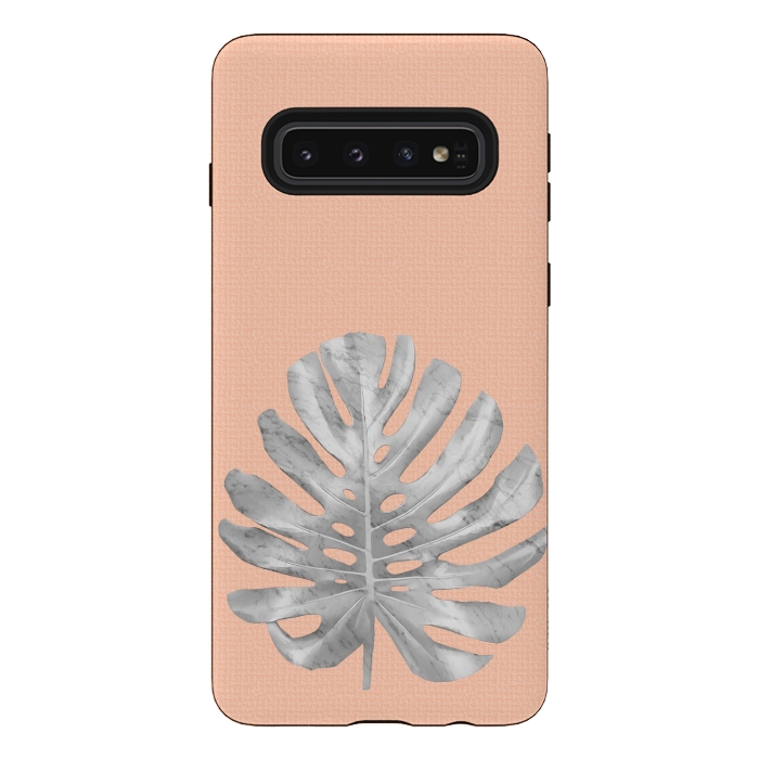 Galaxy S10 StrongFit White Marble Monstera on Peach Wall by amini54