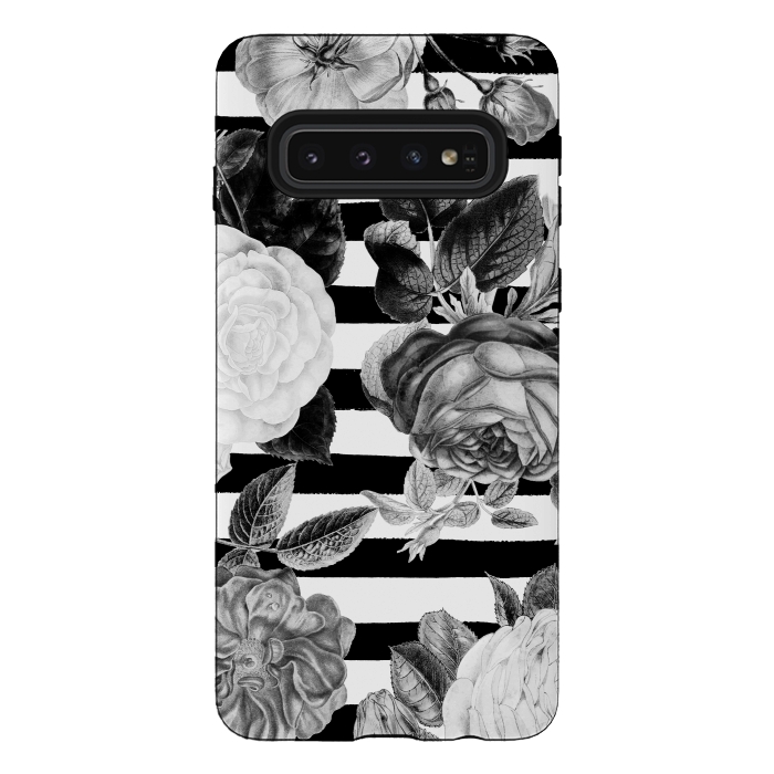 Galaxy S10 StrongFit Black and white roses botanical illustration on black stripes by Oana 