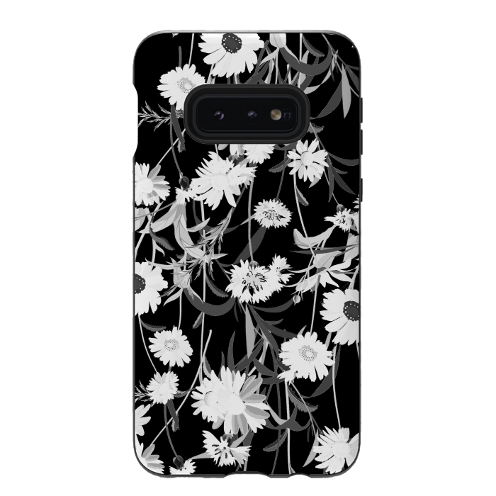 Galaxy S10e StrongFit White daisies botanical illustration on black background by Oana 