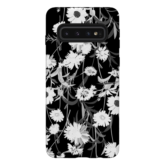 Galaxy S10 StrongFit White daisies botanical illustration on black background by Oana 