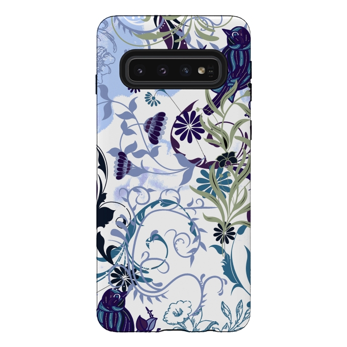 Galaxy S10 StrongFit Line art botanical illustration - flowers and birds by Oana 