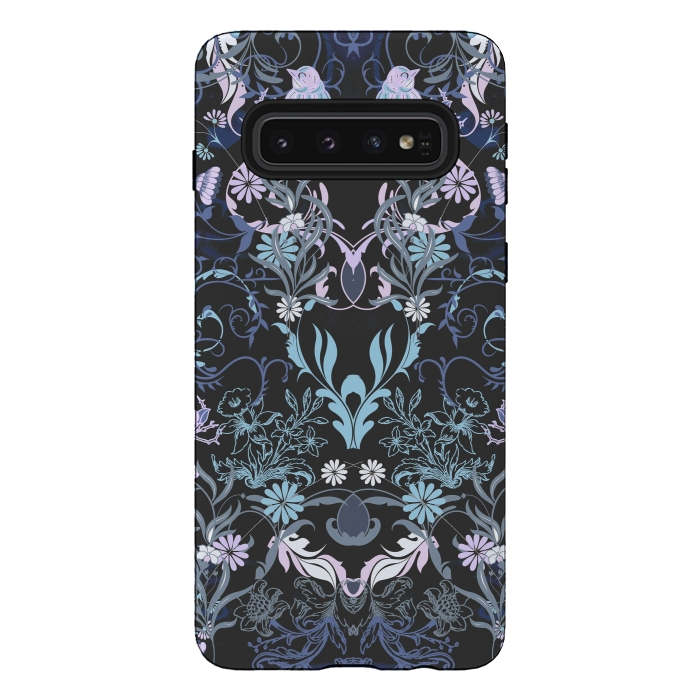 Galaxy S10 StrongFit Line art elegant flowers and birds pattern by Oana 