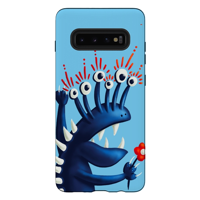 Galaxy S10 plus StrongFit Funny Monster In Blue With Flower by Boriana Giormova
