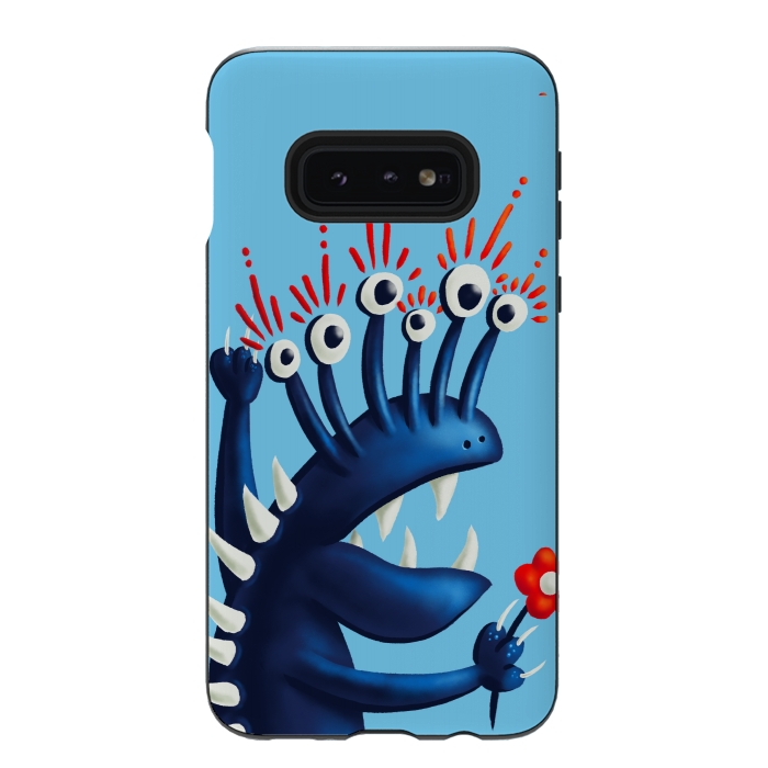 Galaxy S10e StrongFit Funny Monster In Blue With Flower by Boriana Giormova