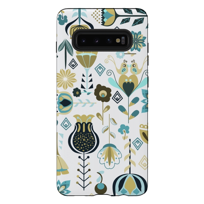 Galaxy S10 plus StrongFit Scandinavian Flowers in Blue and Green by Paula Ohreen