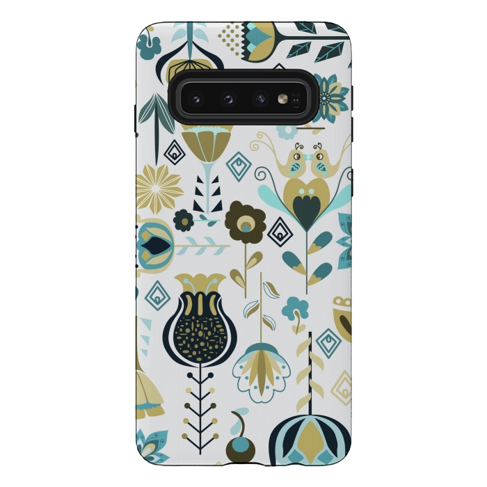 Galaxy S10 StrongFit Scandinavian Flowers in Blue and Green by Paula Ohreen
