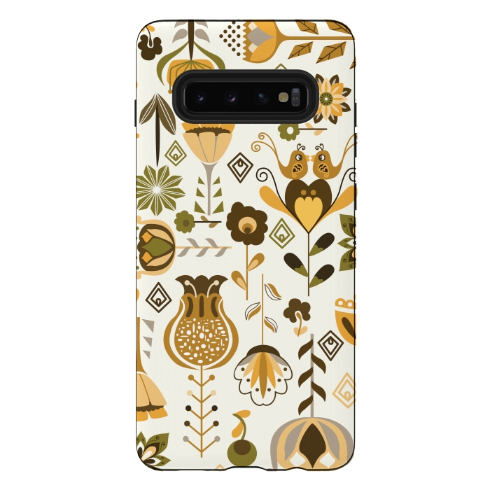 Galaxy S10 plus StrongFit Scandinavian Flowers in Mustard and Green by Paula Ohreen