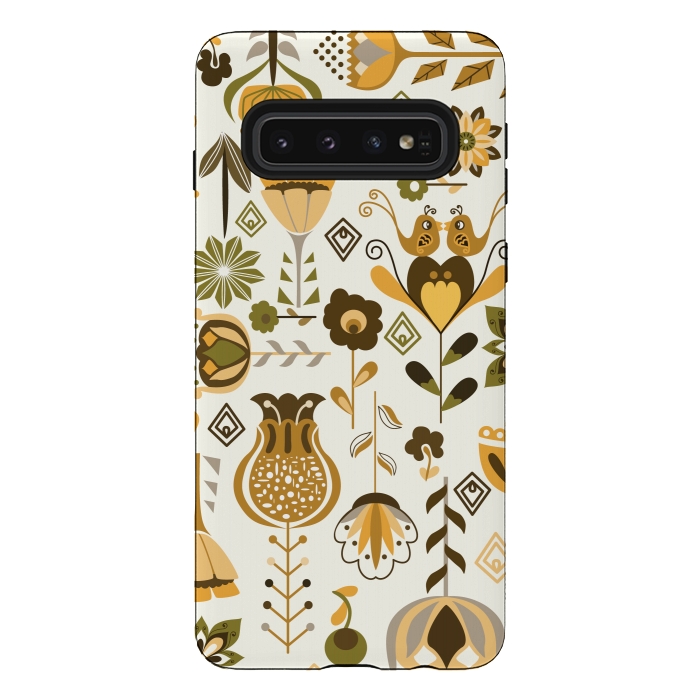Galaxy S10 StrongFit Scandinavian Flowers in Mustard and Green by Paula Ohreen
