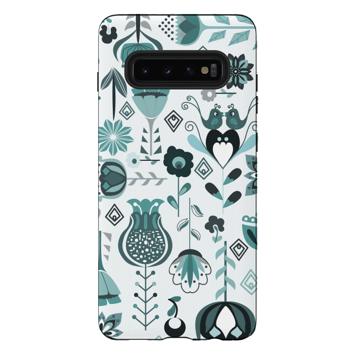 Galaxy S10 plus StrongFit Scandinavian Flowers in Blue and Grey by Paula Ohreen