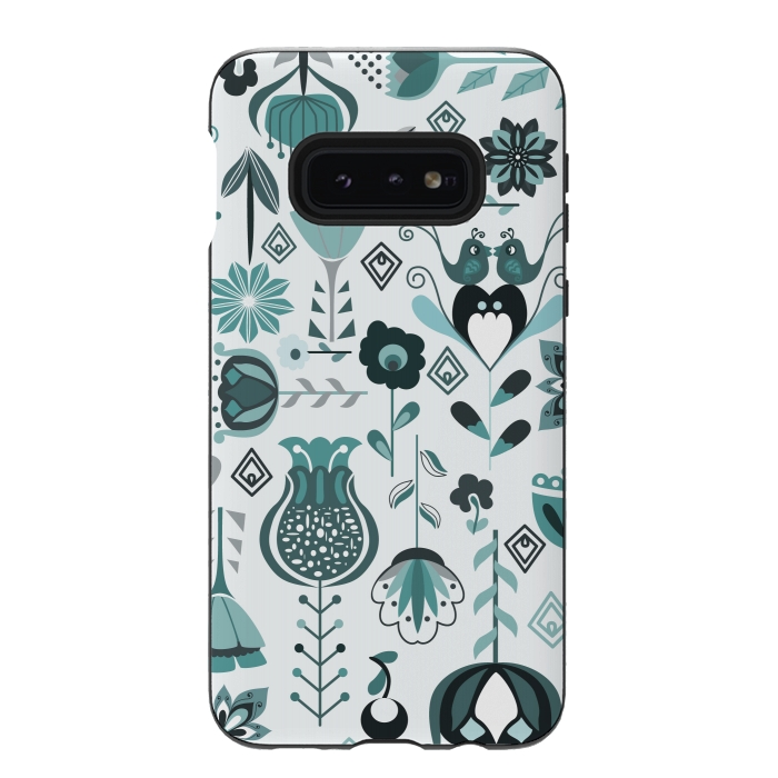 Galaxy S10e StrongFit Scandinavian Flowers in Blue and Grey by Paula Ohreen