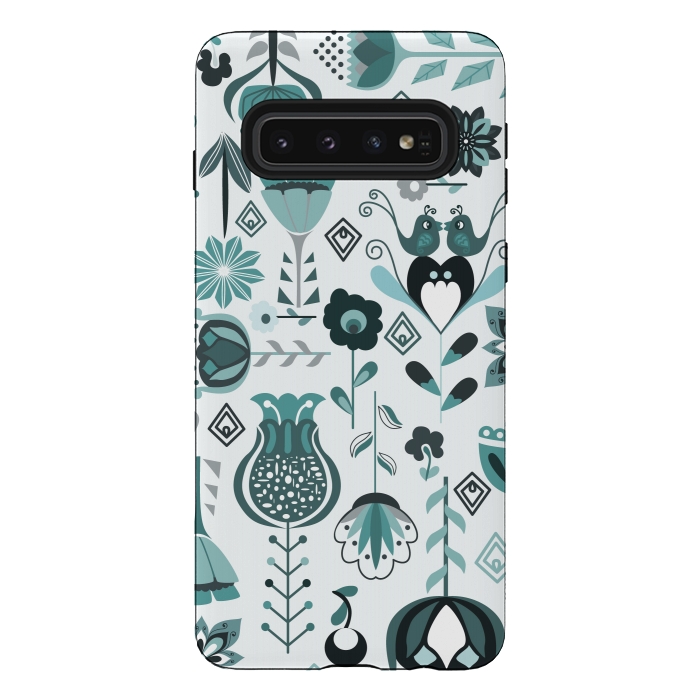 Galaxy S10 StrongFit Scandinavian Flowers in Blue and Grey by Paula Ohreen