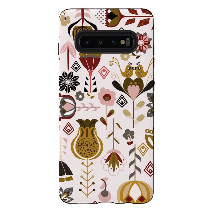 Galaxy S10 plus StrongFit Scandinavian Flowers in Mustard and Pink by Paula Ohreen