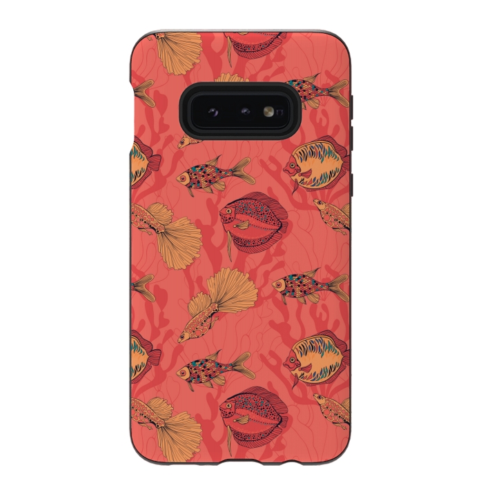 Galaxy S10e StrongFit Fishes on living coral background by Katerina Kirilova