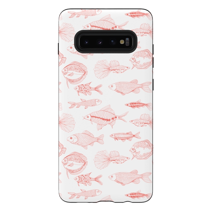 Galaxy S10 plus StrongFit Fishes in living coral color, hand drawn pattern by Katerina Kirilova