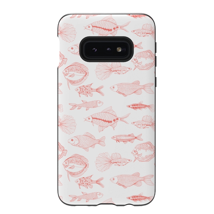 Galaxy S10e StrongFit Fishes in living coral color, hand drawn pattern by Katerina Kirilova