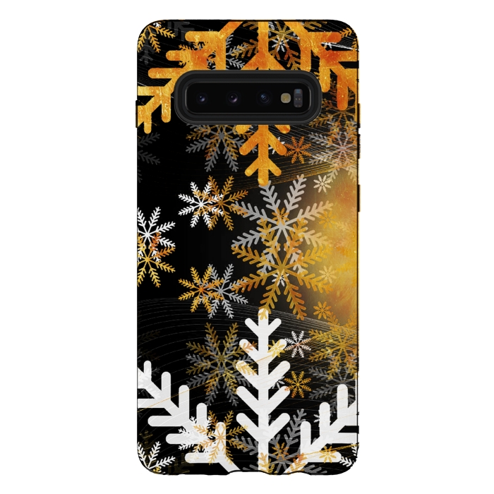 Galaxy S10 plus StrongFit Golden white snowflakes - Christmas by Oana 