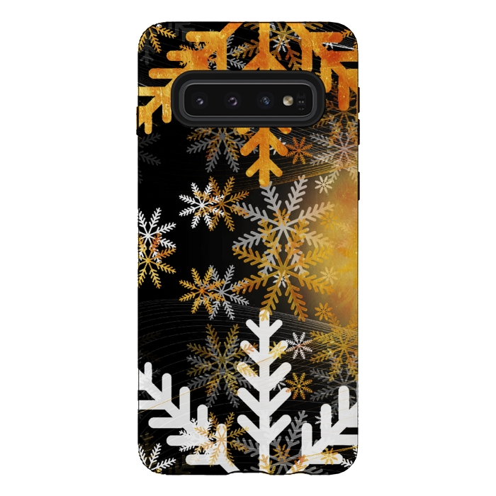 Galaxy S10 StrongFit Golden white snowflakes - Christmas by Oana 