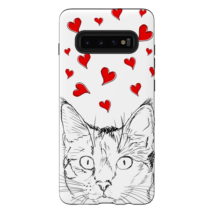Galaxy S10 plus StrongFit Cute line art cat and red hearts by Oana 
