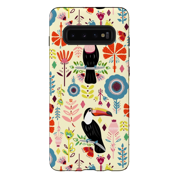 Galaxy S10 plus StrongFit Colorful Toucans On Cream  by Tigatiga