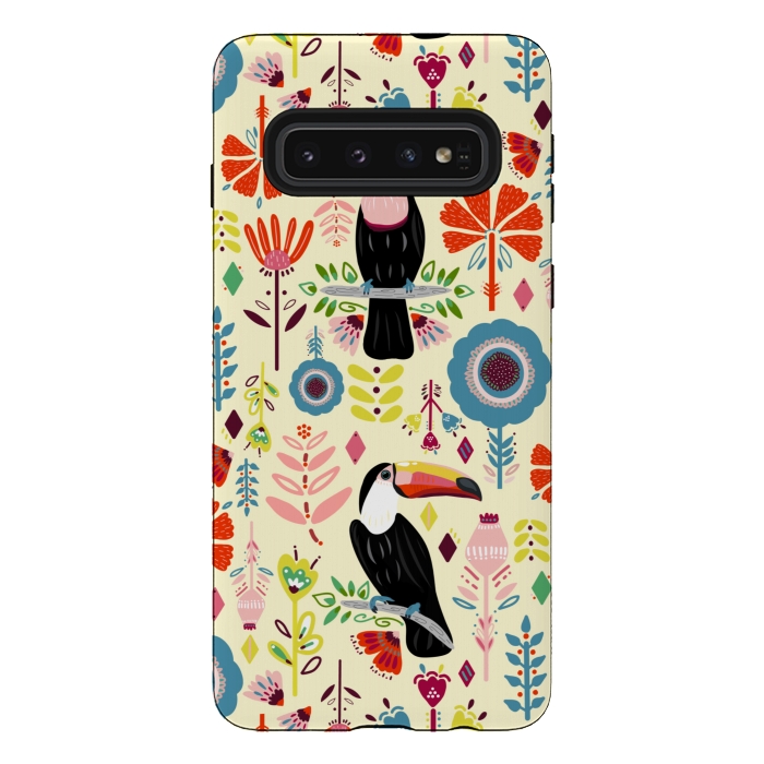 Galaxy S10 StrongFit Colorful Toucans On Cream  by Tigatiga