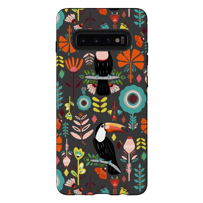 Galaxy S10 plus StrongFit Colorful Toucans On Grey  by Tigatiga