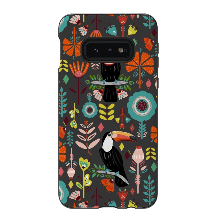 Galaxy S10e StrongFit Colorful Toucans On Grey  by Tigatiga