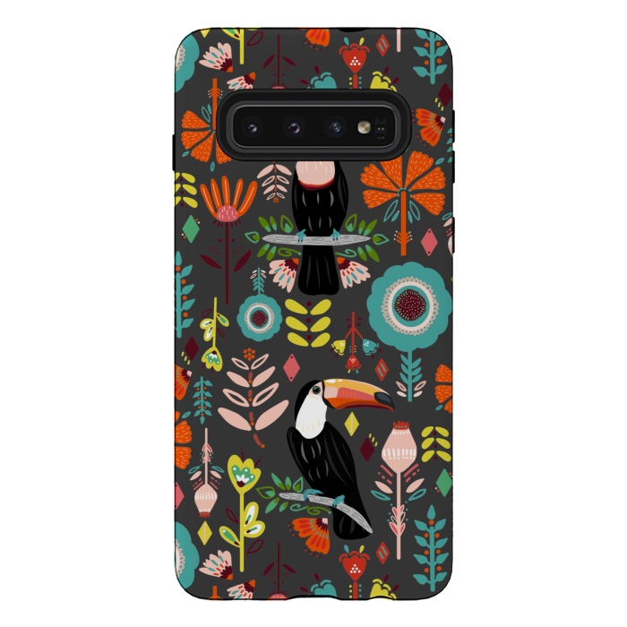 Galaxy S10 StrongFit Colorful Toucans On Grey  by Tigatiga