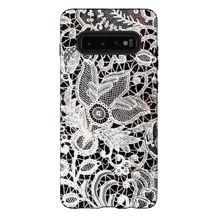 Galaxy S10 plus StrongFit White floral vintage lace on black by Oana 