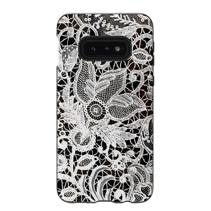 Galaxy S10e StrongFit White floral vintage lace on black by Oana 